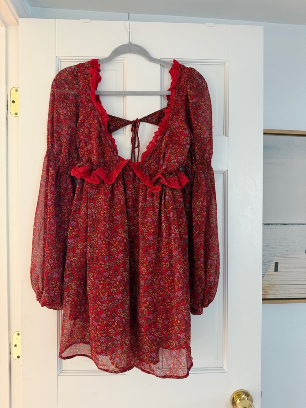Red Floral Free People Ruffle Tie-Back Babydoll Mini Dress